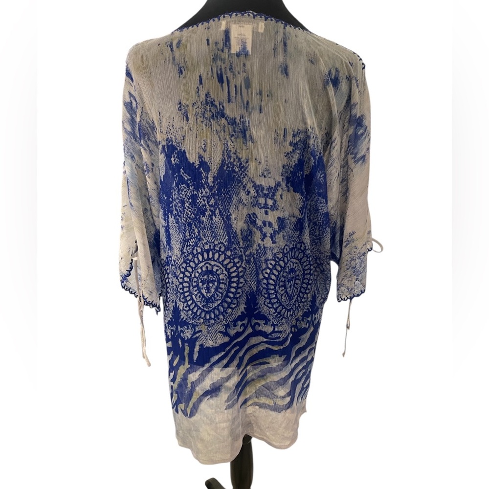 Arden B Blue and White, cream Swim Coverup, tunic, top,V-Neck, Small - Picture 2 of 7